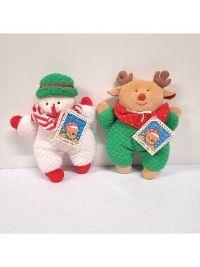 Eden Cuddle Me Set 2 Snowman & Reindeer Waffle Weave Rattle Plush 8" Toy